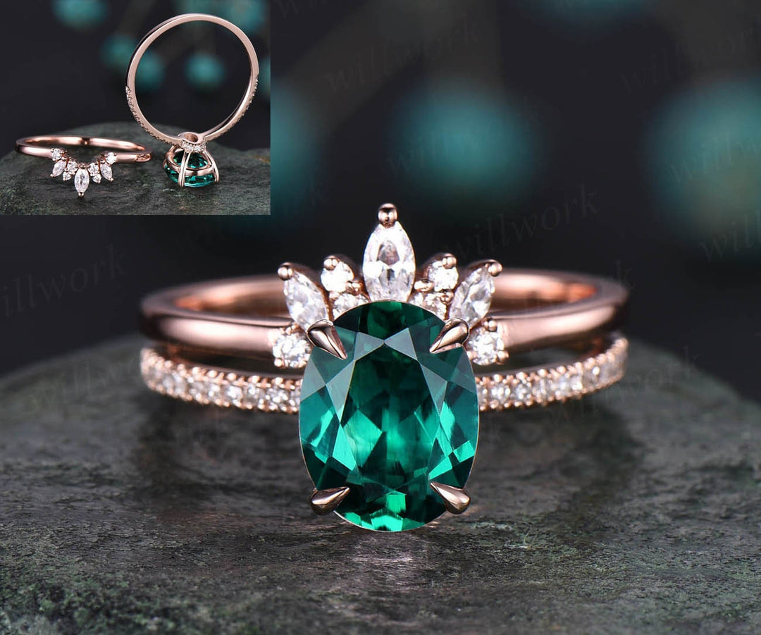 Unique vintage emerald wedding bridal set 2pcs emerald engagement ring set diamond ring marquise crown moissanite rose gold wedding band