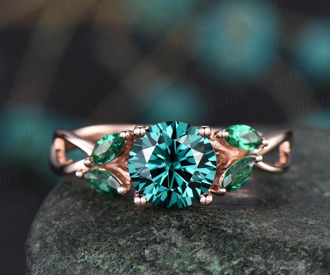 Marquise emerald ring vintage unique 1ct green moissanite engagement ring rose gold Colorful moissanite ring art deco ring antique jewelry