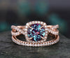 Unique infinity halo engagement ring 2pcs round Alexandrite engagement ring set rose gold full eternity diamond wedding band bridal set