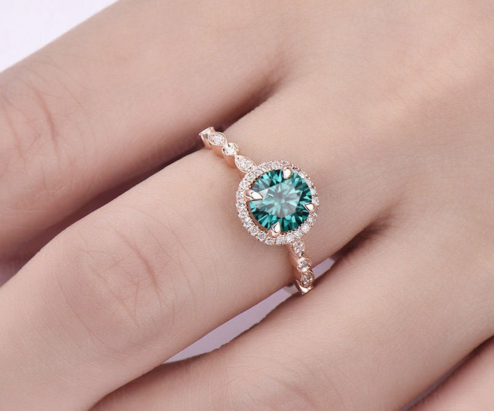 Rose gold ring 1ct Green moissanite engagement ring Colorful moissanite ring art deco diamond ring bridal wedding promise ring unique gift