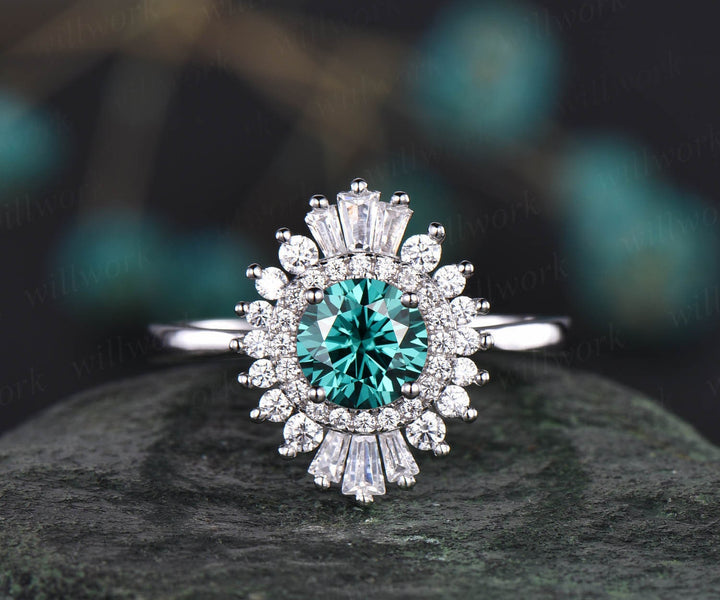 Unique vintage 1ct moissanite engagement ring round Colorful Green moissanite engagement ring 14k white gold CZ halo cluster ring jewelry