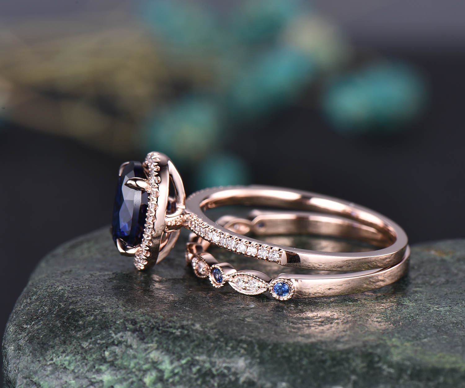 0.90 CTW Love Heart Shape Natural Genuine Royal Blue Sapphire Enhancer Band - Rose Gold Wedding Solitaire Stackable Ring Spacer Women's buying Gift