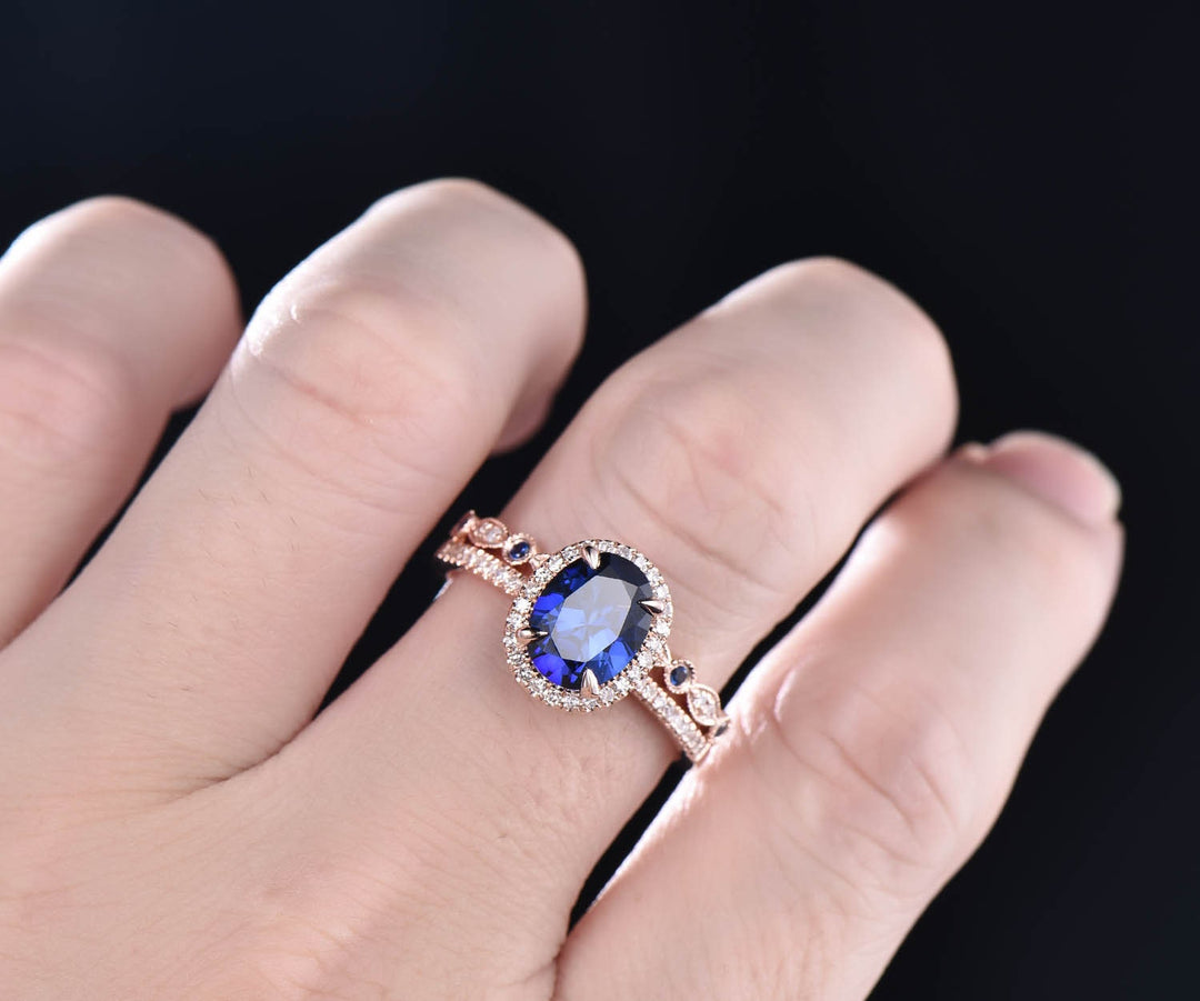 Rose gold ring set 2pcs 7x9 oval blue sapphire engagement ring set diamond bridal set natural sapphire wedding ring band sapphire jewelry
