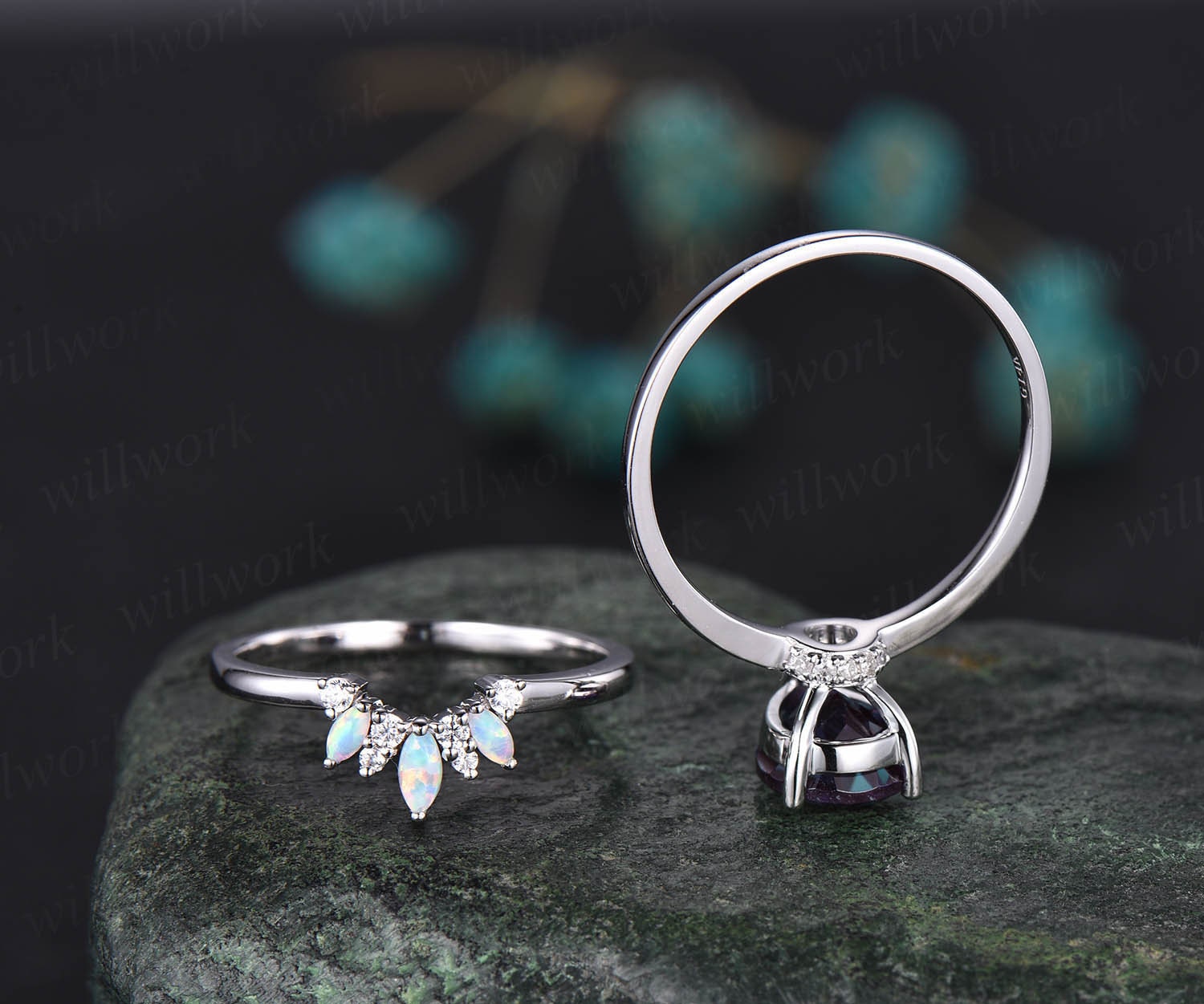 Alexandrite bridal set marquise opal wedding ring band