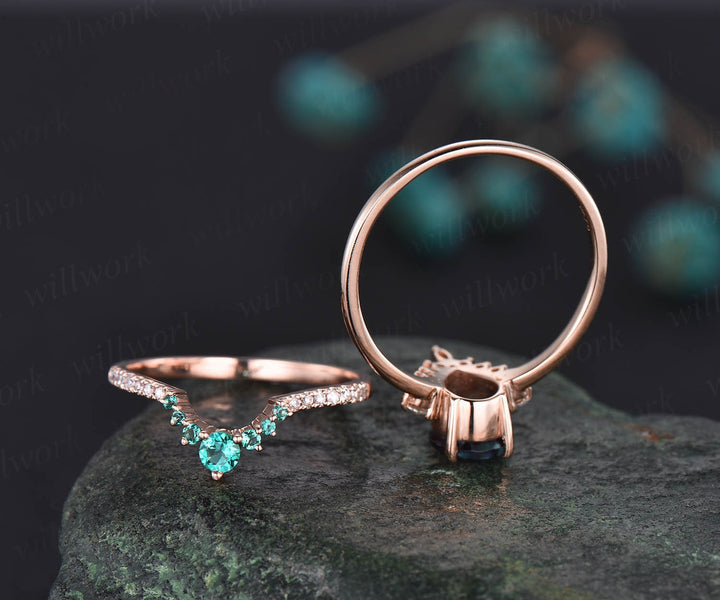 Rose gold ring set emerald bridal set 2pcs pear cut Alexandrite engagement ring set moissanite ring crown marquise unique vintage ring band
