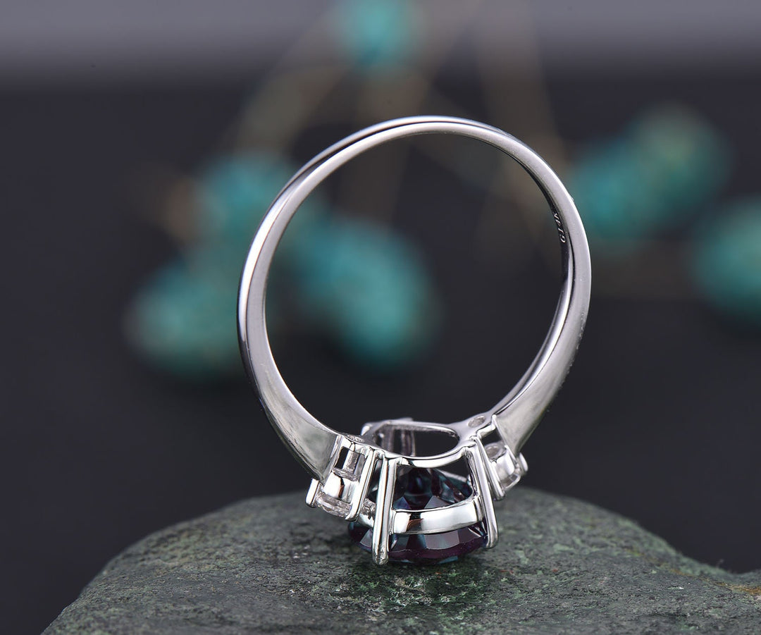 Teardrop alexandrite ring vintage moissanite three stone engagement ring alexandrite engagement ring solid rose gold June birthstone ring