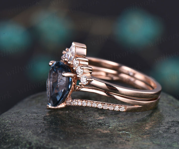 2pc diamond bridal set art deco crown moissanite ring 7x9mm pear London blue topaz engagement ring set rose gold November birthstone ring