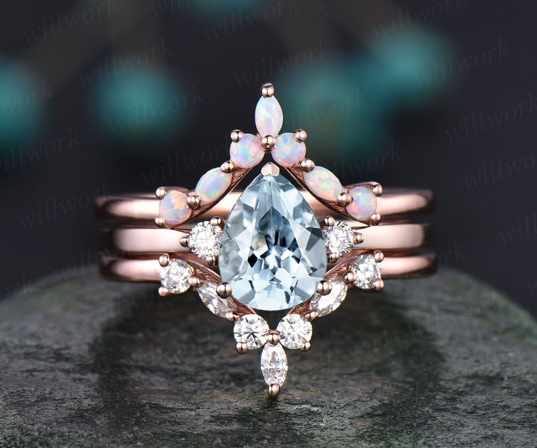 Curved marquise opal ring moissanite wedding bridal set 3pcs pear aquamarine engagement ring set rose gold March birthstone ring jewelry