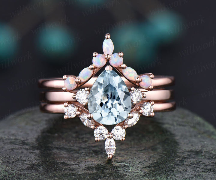Curved marquise opal ring moissanite wedding bridal set 3pcs pear aquamarine engagement ring set rose gold March birthstone ring jewelry