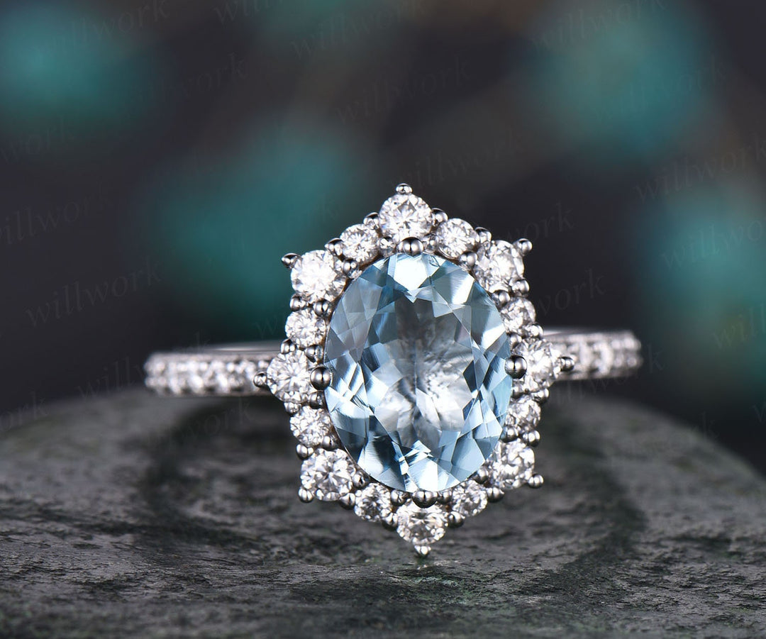 7x9mm oval cut aquamarine engagement ring vintage unique cluster ring moissanite ring March birthstone ring bridal ring custom jewelry gift