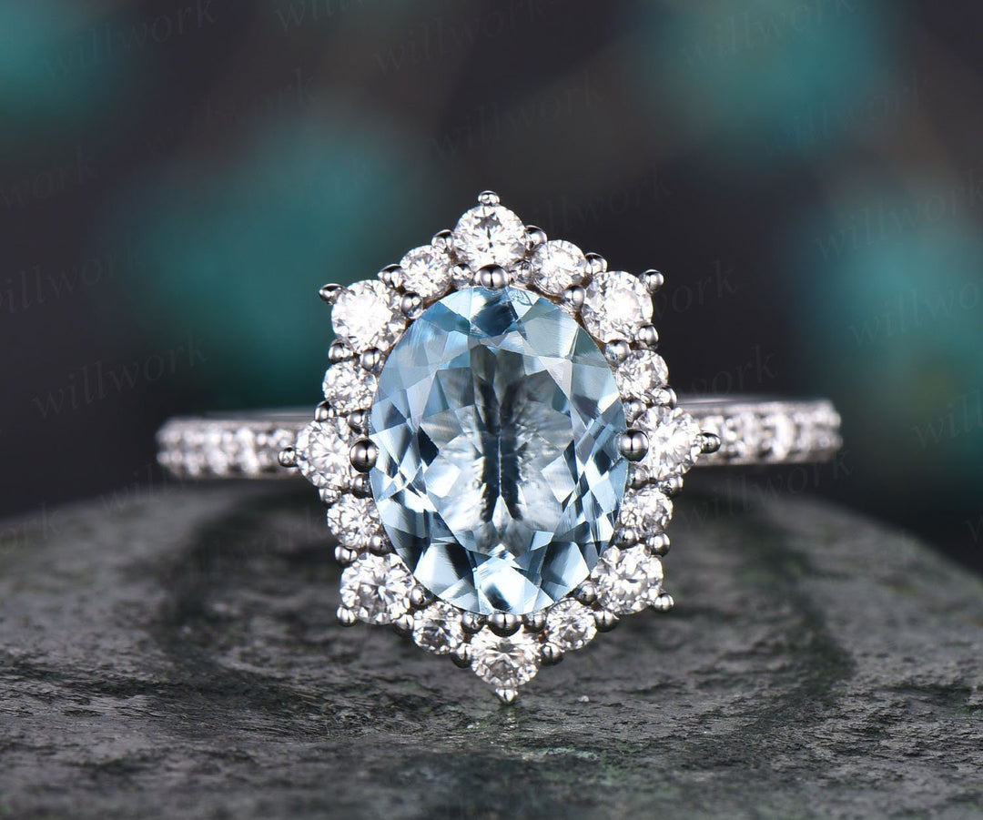 7x9mm oval cut aquamarine engagement ring vintage unique cluster ring moissanite ring March birthstone ring bridal ring custom jewelry gift