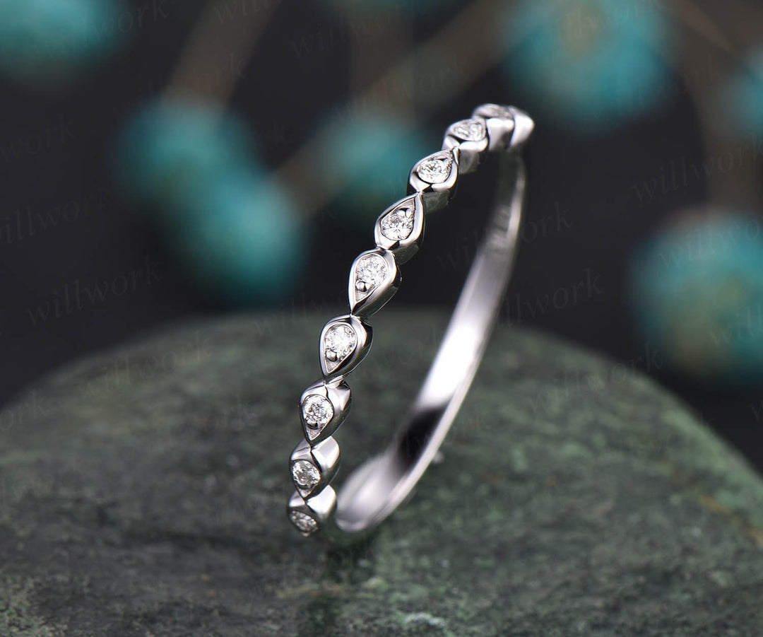 Unique vintage teardrop ring half diamond wedding band 14k white gold ring stacking matching ring anniversary birthday graduation gift