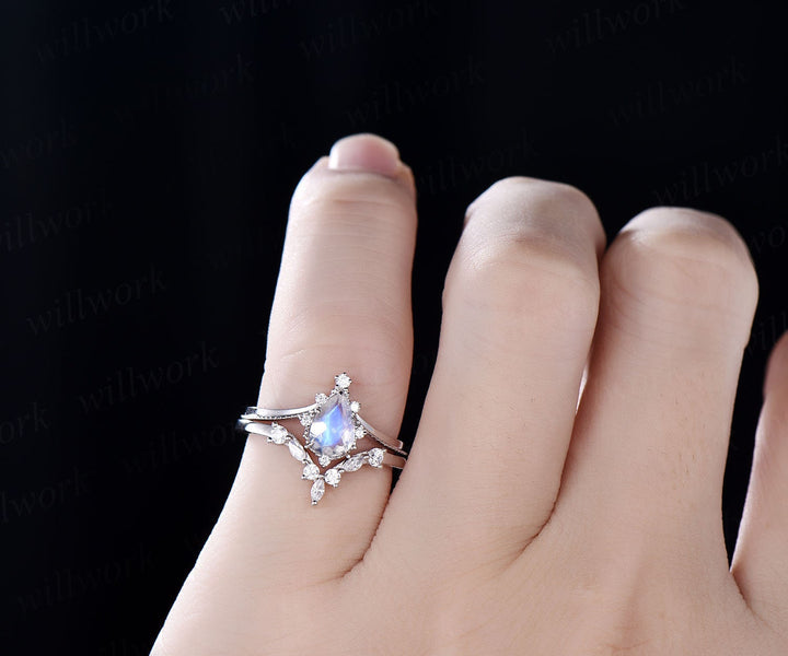 2pcs pear moonstone ring gold vintage moonstone engagement ring set white gold June birthstone ring cluster moissanite ring bridal set gift