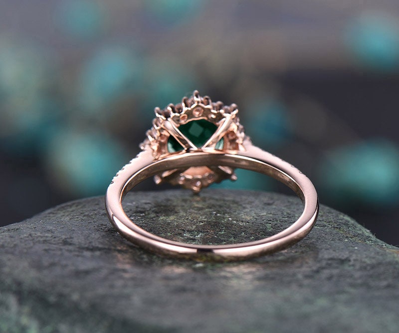 Halo cluster unique vintage engagement ring round cut 1ct green moissanite engagement ring 14k rose gold ring colorful moissanite ring gift