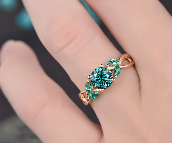 Marquise emerald ring vintage unique 1ct green moissanite engagement ring rose gold Colorful moissanite ring art deco ring antique jewelry