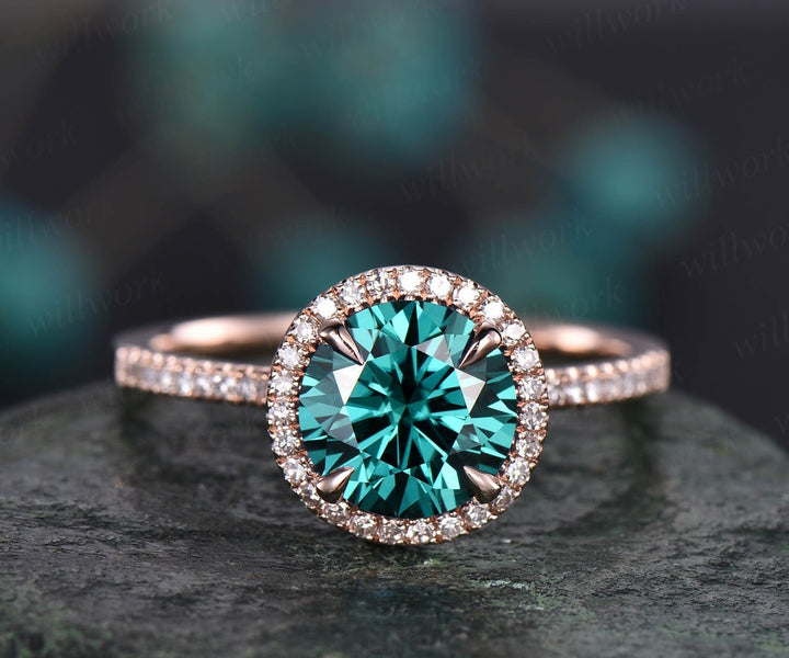 8mm round green moissanite engagement ring rose gold diamond halo ring vintage Colorful moissanite ring wedding anniversary bridal ring gift