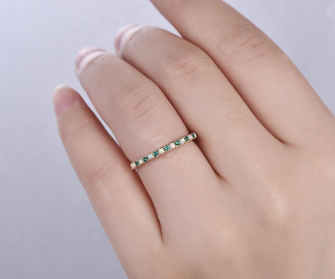 Opal ring for women emerald wedding ring band half eternity rose gold art deco opal wedding band May birthstone ring promise ring band gift