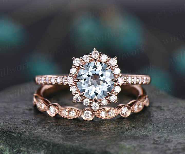 Round aquamarine bridal set unique vintage aquamarine engagement ring set art deco diamond ring for women March birthstone ring jewelry gift
