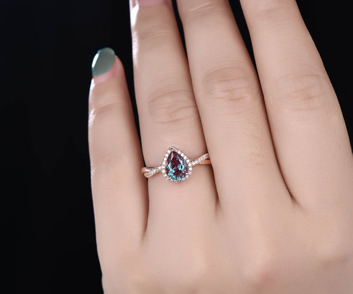Unique pear shaped Alexandrite engagement ring 14k rose gold halo diamond ring vintage dainty infinity twisted bridal wedding ring for women