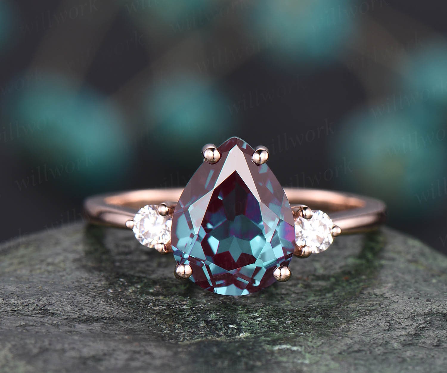 Teardrop alexandrite ring vintage moissanite three stone