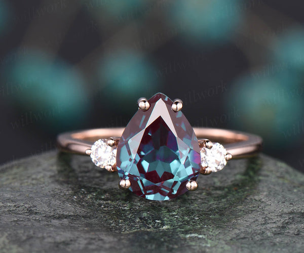 Teardrop alexandrite ring vintage moissanite three stone engagement ring rose gold June birthstone