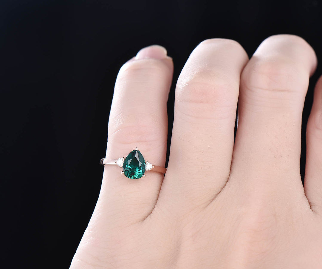 Pear shaped emerald engagement ring three stone ring diamond ring for women solid rose gold vintage unique ring May birthstone ring gift