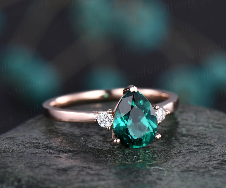 Pear shaped emerald engagement ring three stone ring diamond ring for women solid rose gold vintage unique ring May birthstone ring gift
