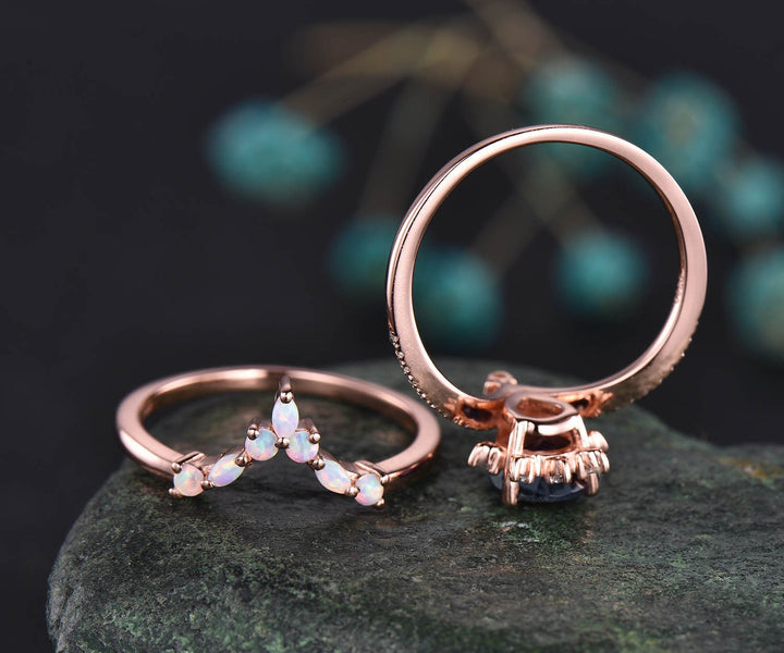 Vintage moissanite ring opal ring gold 2pcs teardrop aquamarine engagement ring set 14k 18k rose gold birthstone custom unique jewelry gift