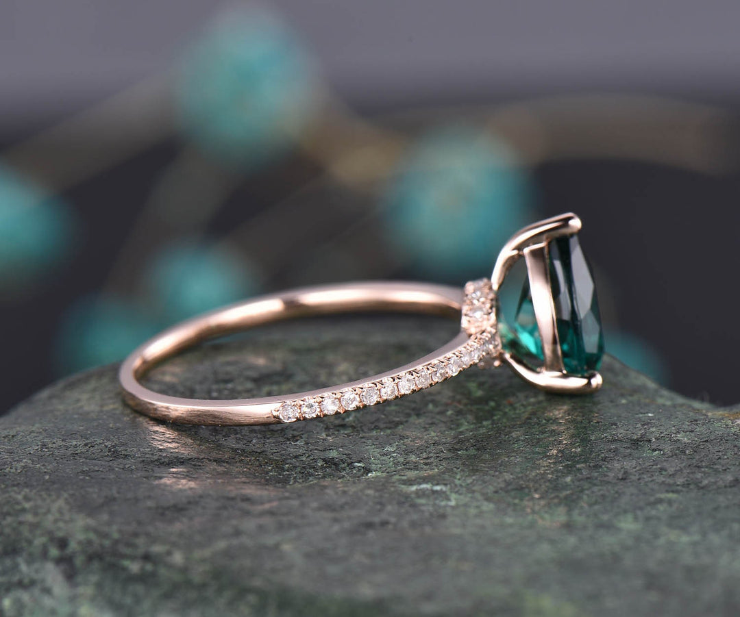 Teardrop Emerald engagement ring solid 14k rose gold under halo real diamond ring emerald  ring vintage promise wedding May birthstone ring