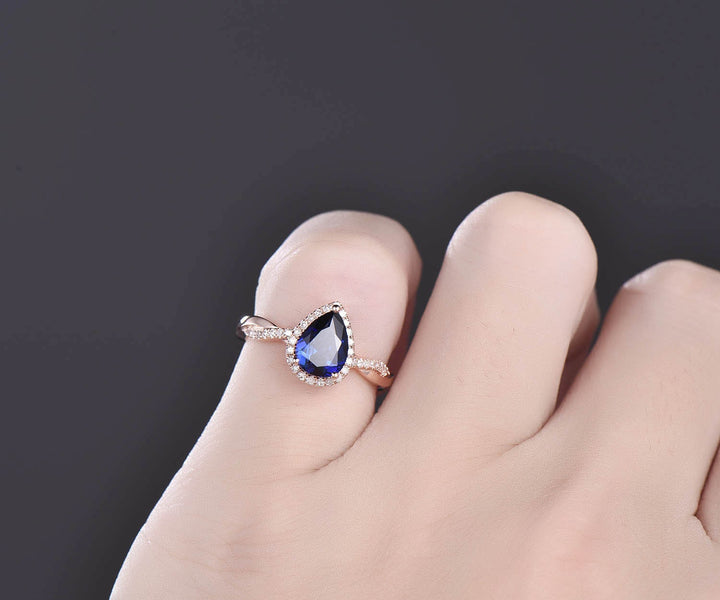 Pear shaped sapphire engagement ring vintage sapphire jewelry twisted infinity diamond ring rose gold bridal ring September birthstone ring
