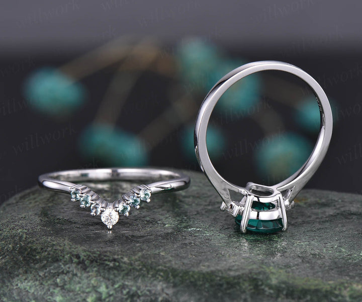 White gold ring 2pcs emerald ring set emerald engagement ring set May birthstone ring moissanite three stone ring alexandrite wedding band - willwork