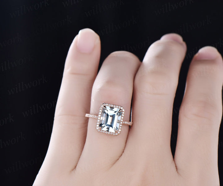8x10mm emerald cut aquamarine engagement ring solid rose gold ring unique vintage diamond halo ring March birthstone ring custom jewelry