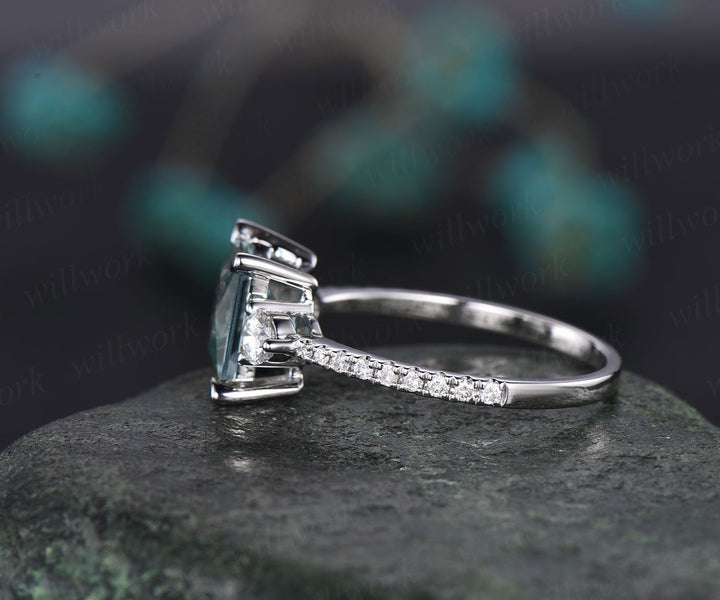 Princess cut aquamarine ring white gold unique vintage aquamarine engagement ring diamond moissanite March birthstone ring custom jewelry