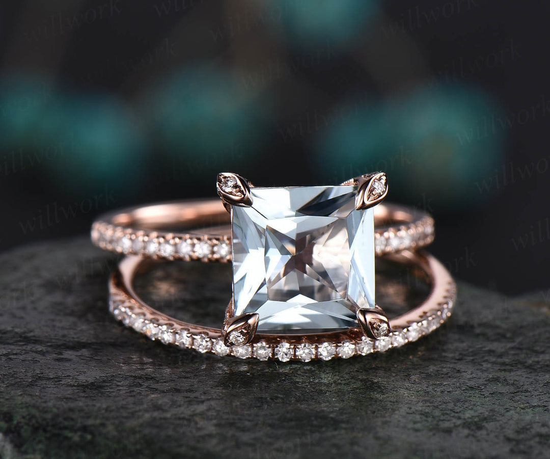Vintage unique Princess cut engagement ring 2pcs natural aquamarine engagement ring set rose gold March birthstone ring custom fine jewelry