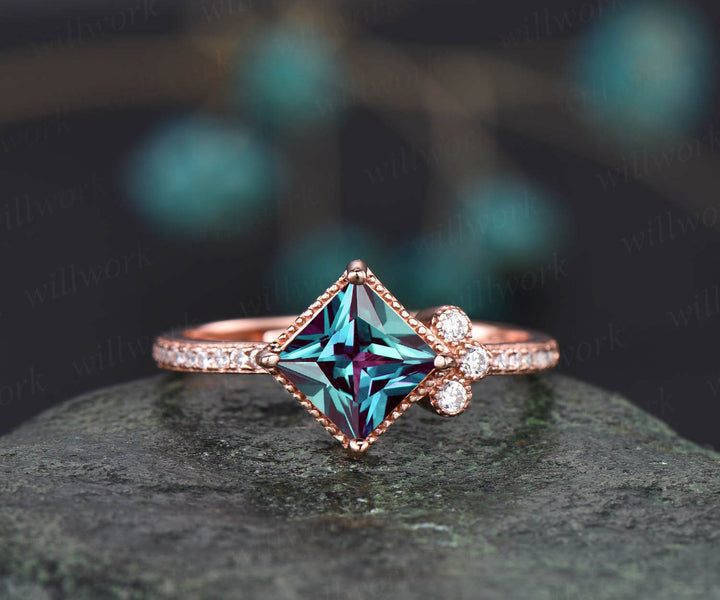 7mm princess cut Alexandrite ring unique vintage Alexandrite engagement ring rose gold ring Personalized diamond ring June birthstone ring