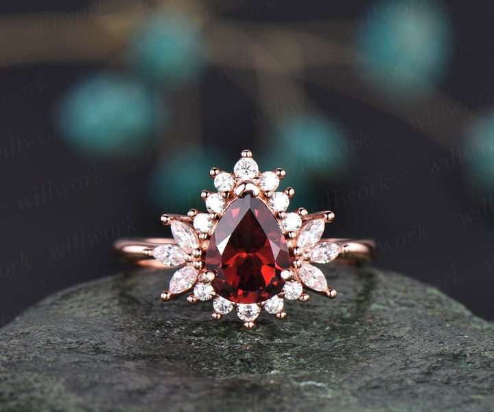 6x8mm pear garnet ring unique vintage garnet engagement ring rose gold ring Personalized marquise moissanite ring January birthstone ring