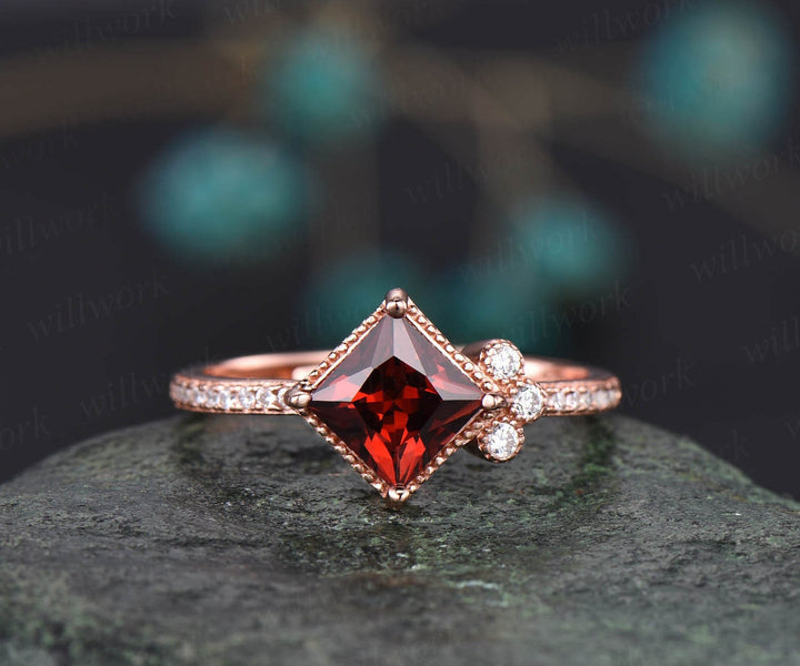 Solid rose gold ring unique vintage engagement ring 7mm princess cut garnet engagement ring diamond January birthstone ring anniversary gift