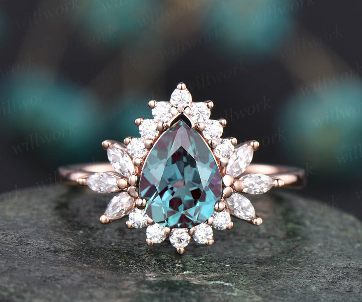 6x8mm pear Alexandrite ring vintage Alexandrite engagement ring rose gold ring Personalized marquise moissanite ring June birthstone ring