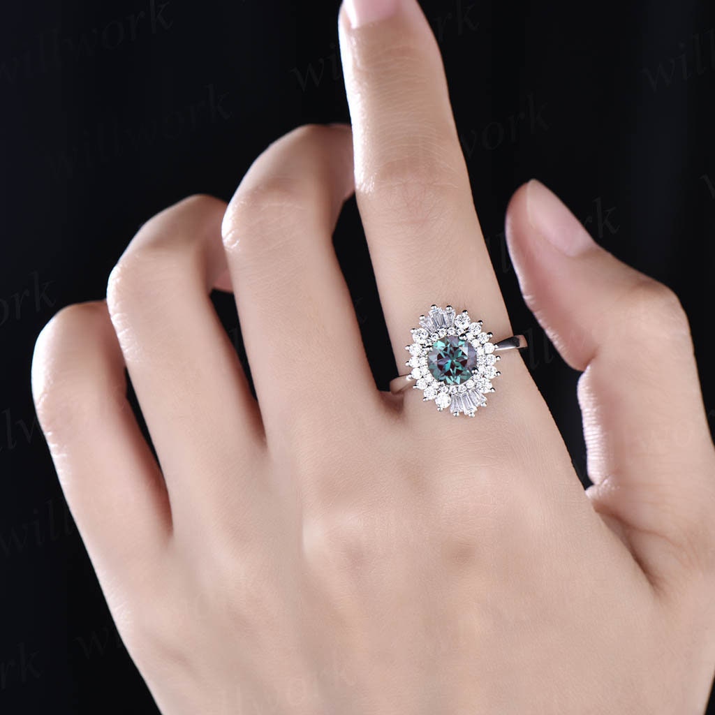 Unique vintage engagement ring round color change Alexandrite engagement ring 14k rose gold June birthstone ring moissanite CZ halo ring