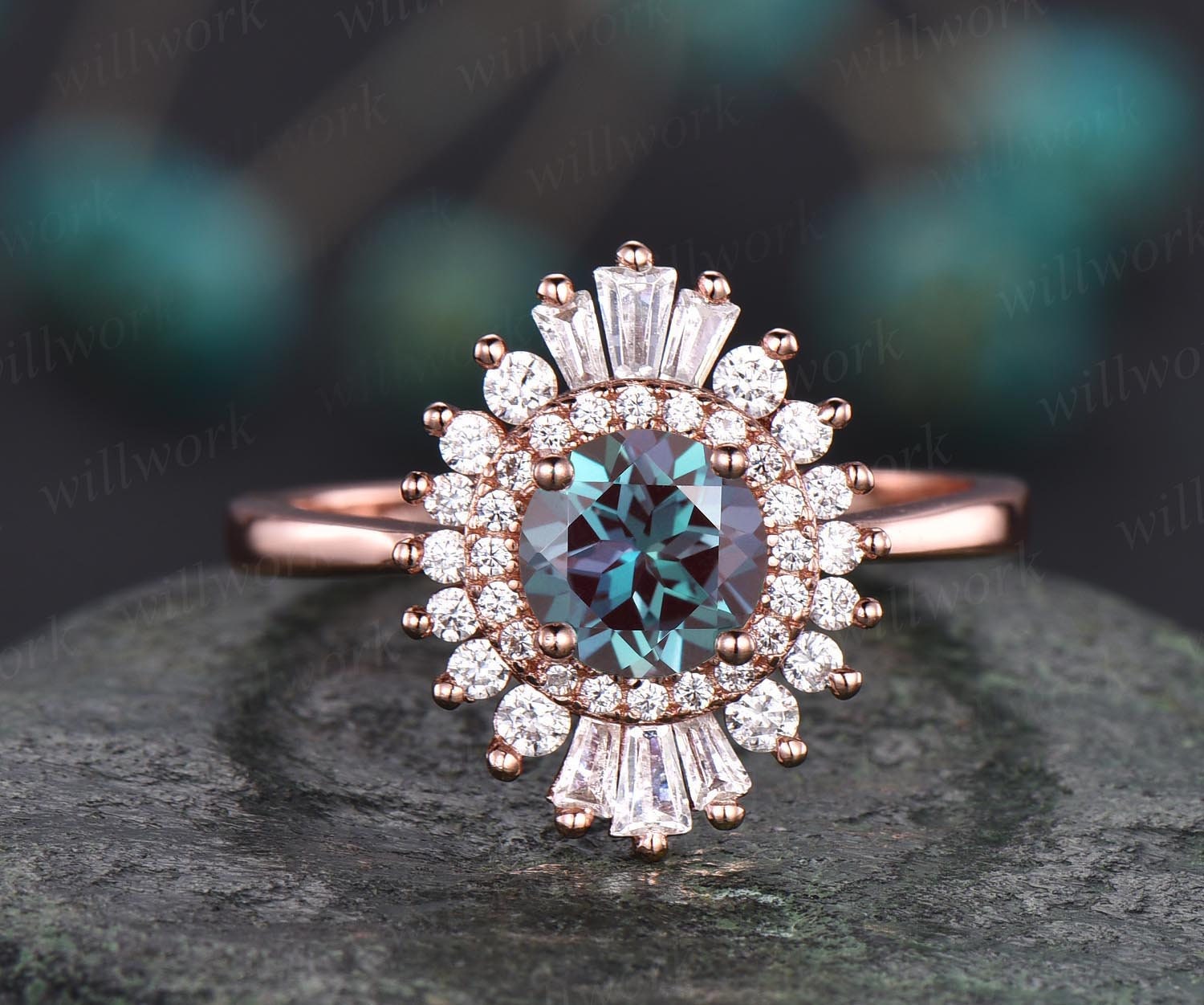 Color Change Created deals Alexandrite Engagement Ring Rose Gold , June Birthstone