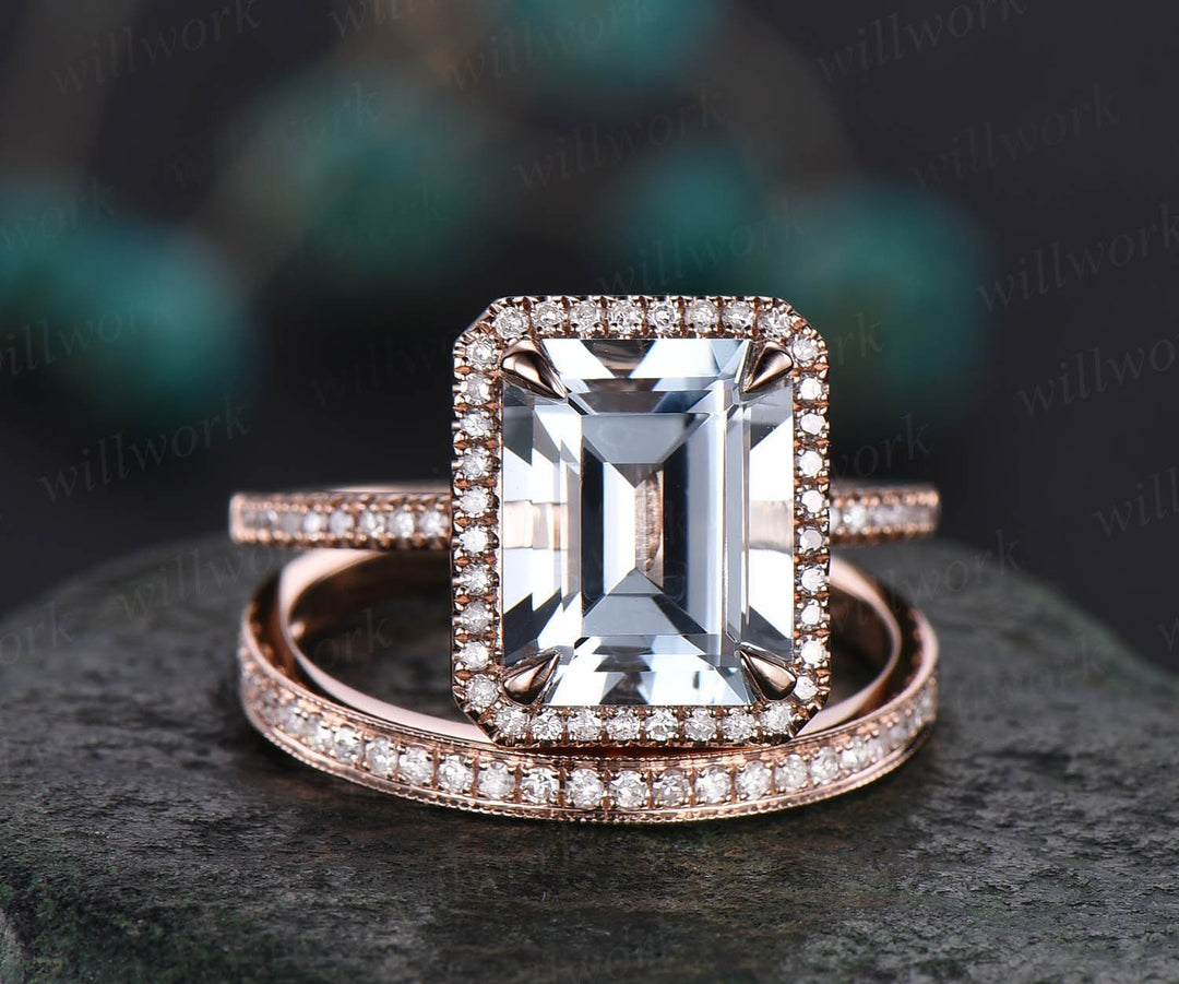 Aquamarine Rose gold ring set 8x10mm emerald cut aquamarine engagement ring vintage diamond halo ring wedding bridal ring set jewelry