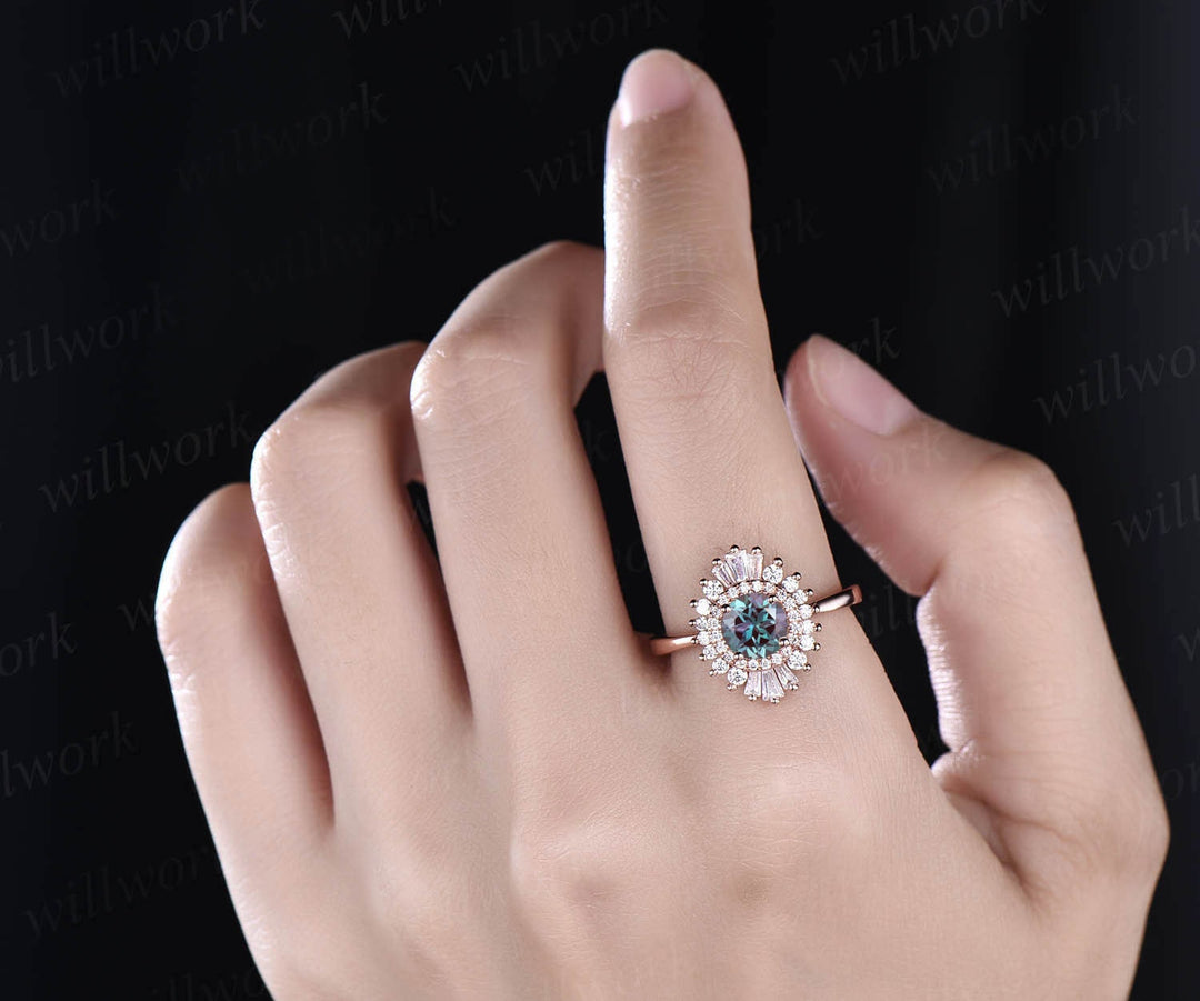 Unique vintage engagement ring round color change Alexandrite engagement ring 14k rose gold June birthstone ring moissanite CZ halo ring