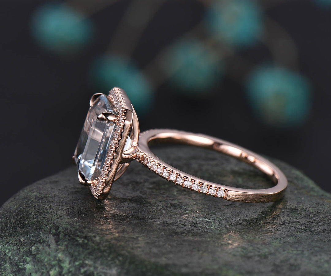 8x10mm emerald cut aquamarine engagement ring solid rose gold ring unique vintage diamond halo ring March birthstone ring custom jewelry