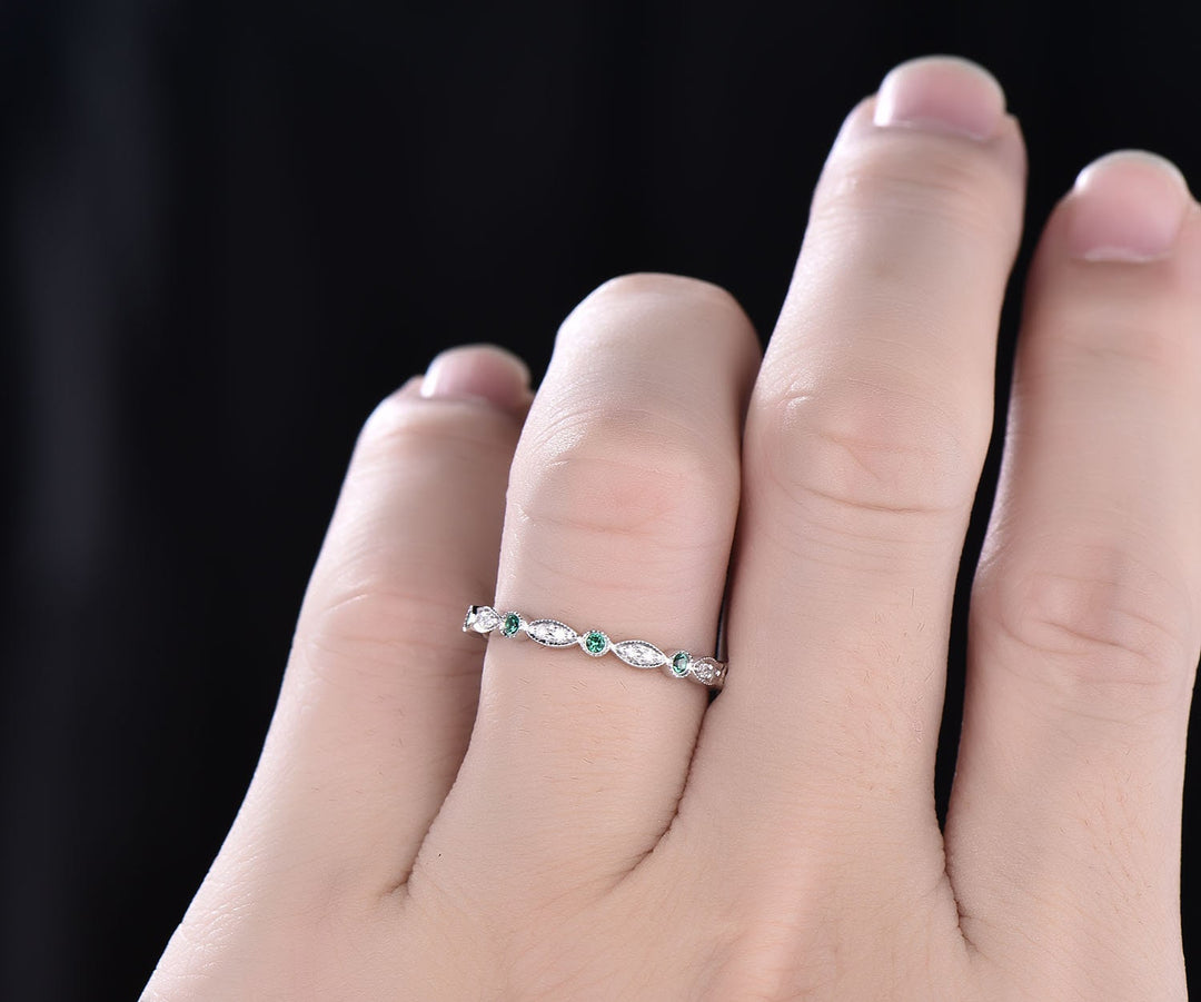 Natural emerald ring Full eternity diamond wedding band art deco ring solid 14k white gold bridal anniversary ring gift