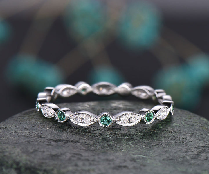 Natural emerald ring Full eternity diamond wedding band art deco ring solid 14k white gold bridal anniversary ring gift