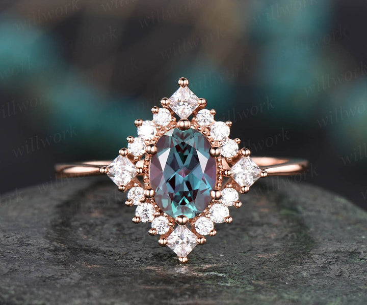 Cluster halo vintage unique engagement ring oval Alexandrite engagement ring rose gold princess cut moissanite ring anniversary gift