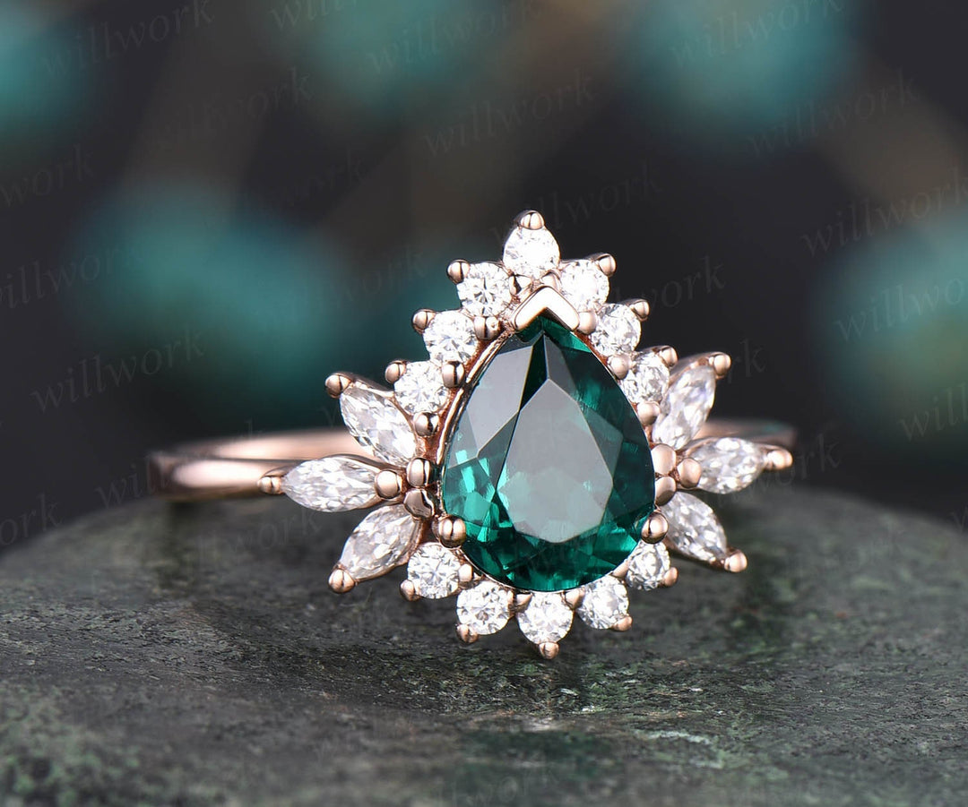 6x8mm pear cut emerald ring vintage unique emerald engagement ring rose gold personalized ring marquise moissanite ring May birthstone ring