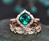 Unique vintage flower halo diamond engagement ring set 3pcs emerald engagement ring set solid 14k rose gold natural emerald wedding band