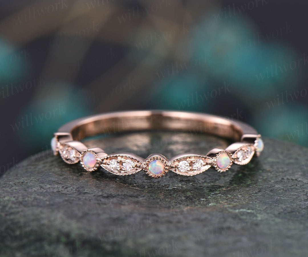 Vintage opal ring opal wedding band 14k rose gold art deco diamond wedding ring band half eternity stacking ring October birthstone ring