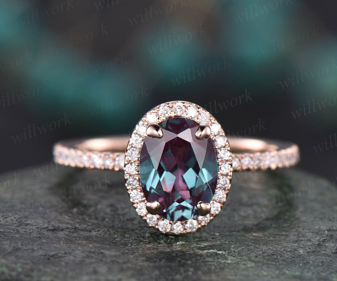 Vintage Alexandrite engagement ring oval Alexandrite ring for women rose gold real diamond halo ring June birthstone ring anniversary gift